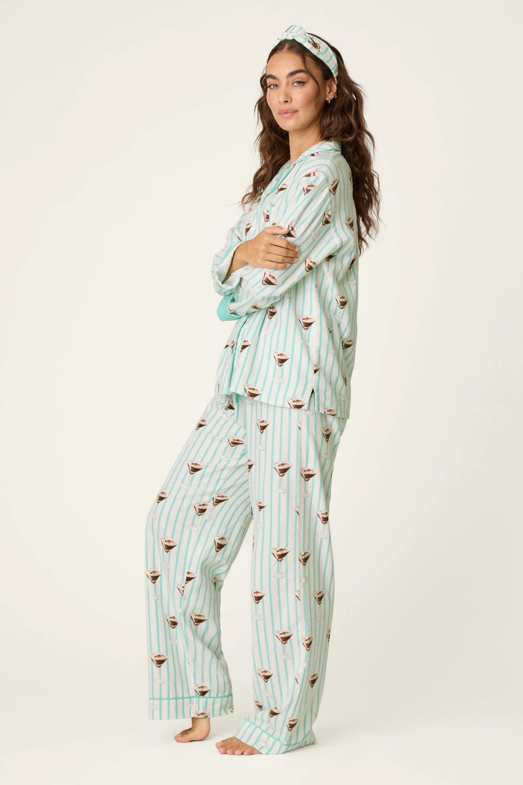 PJ Salvage Tipsy Time Flannel PJ Set model full length side view — Cloud Nine Pajamas Edmonton