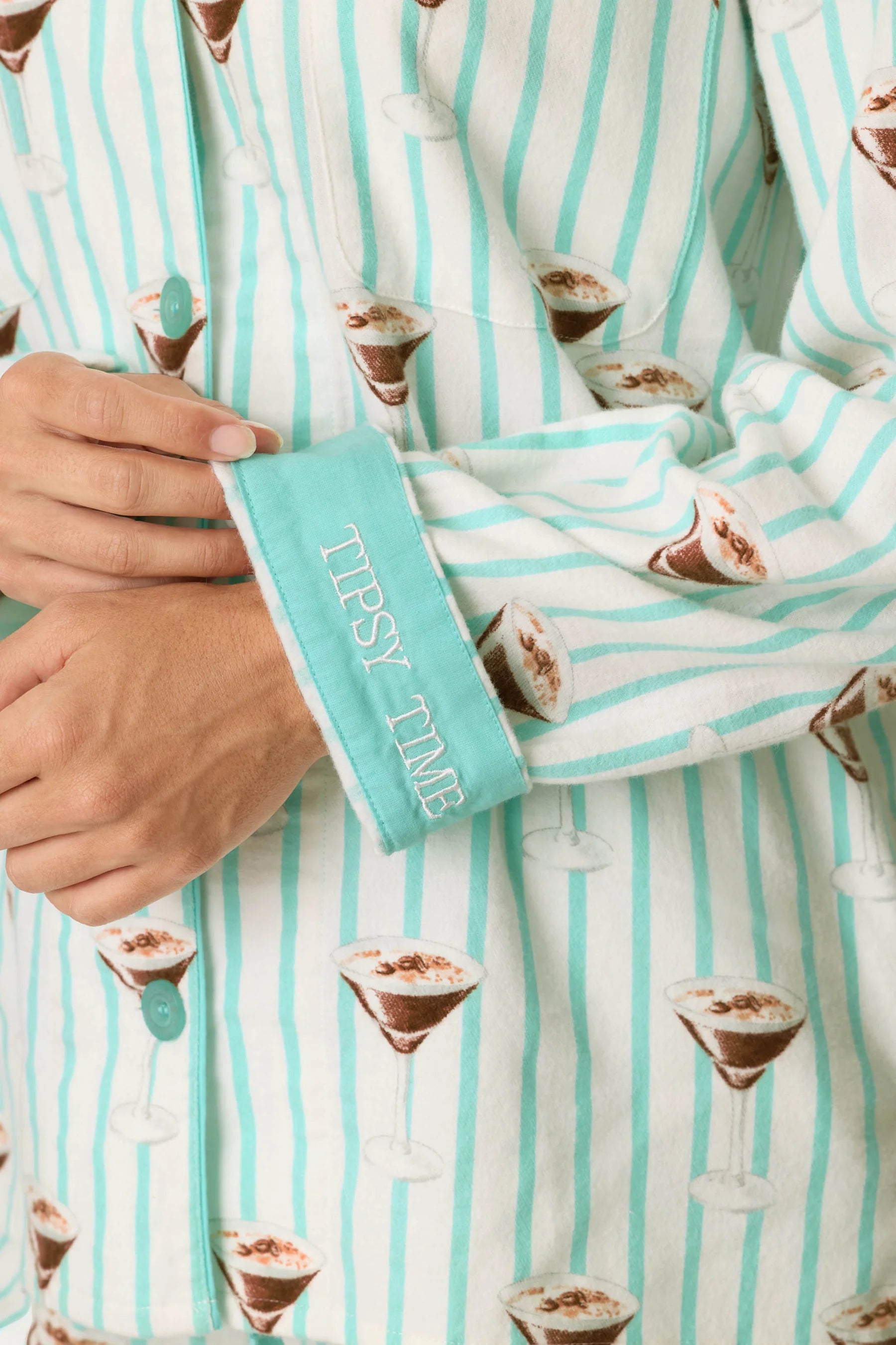 PJ Salvage Tipsy Time Flannel PJ Set Tipsy Time embroidered aqua cuffs detail — Cloud Nine Pajamas