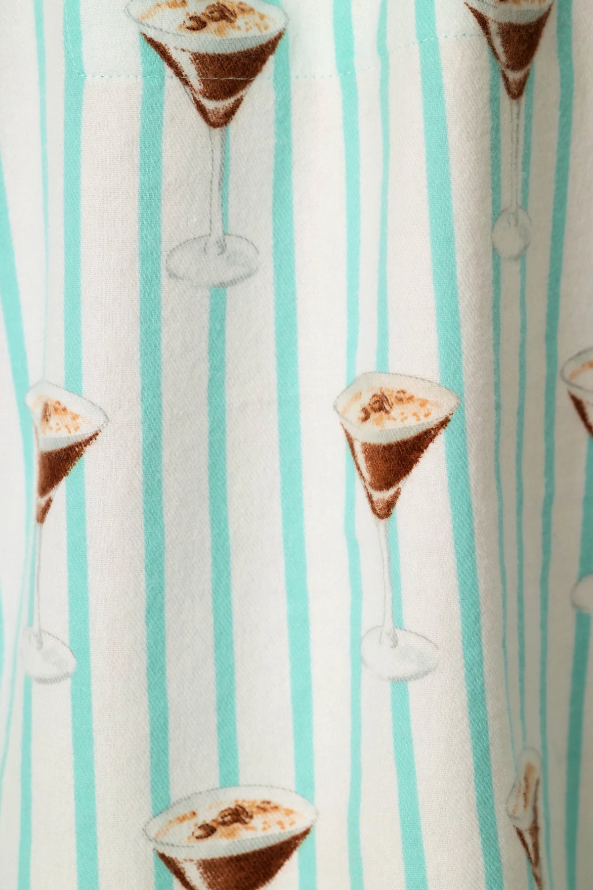 PJ Salvage Tipsy Time Pool Blue espresso martini flannel fabric swatch — Cloud Nine Pajamas