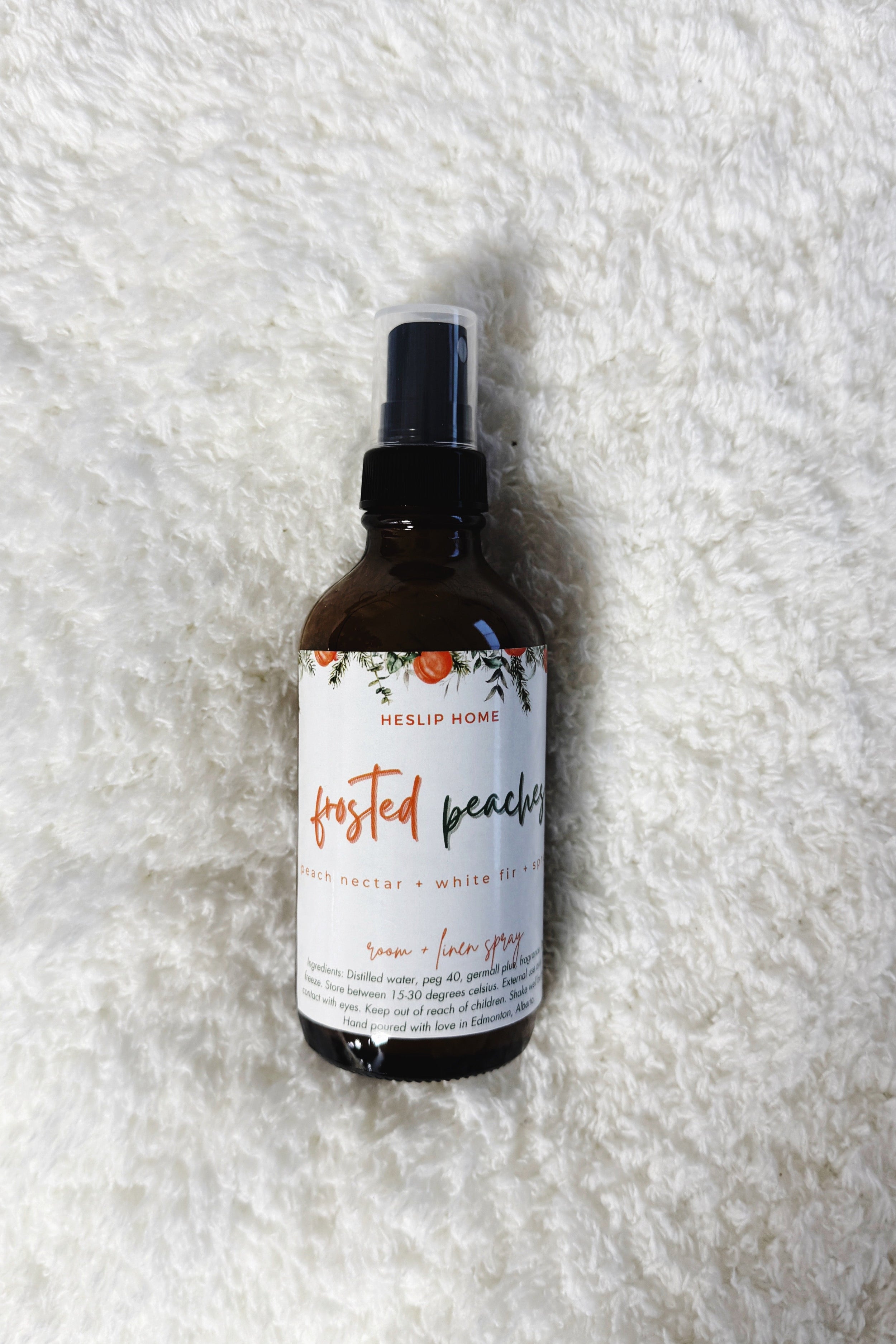 Frosted Peaches (Peach Nectar + White Fir + Spruce) Heslip Home Luxury Room & Linen Spray notes of peaches, white fir and spruce