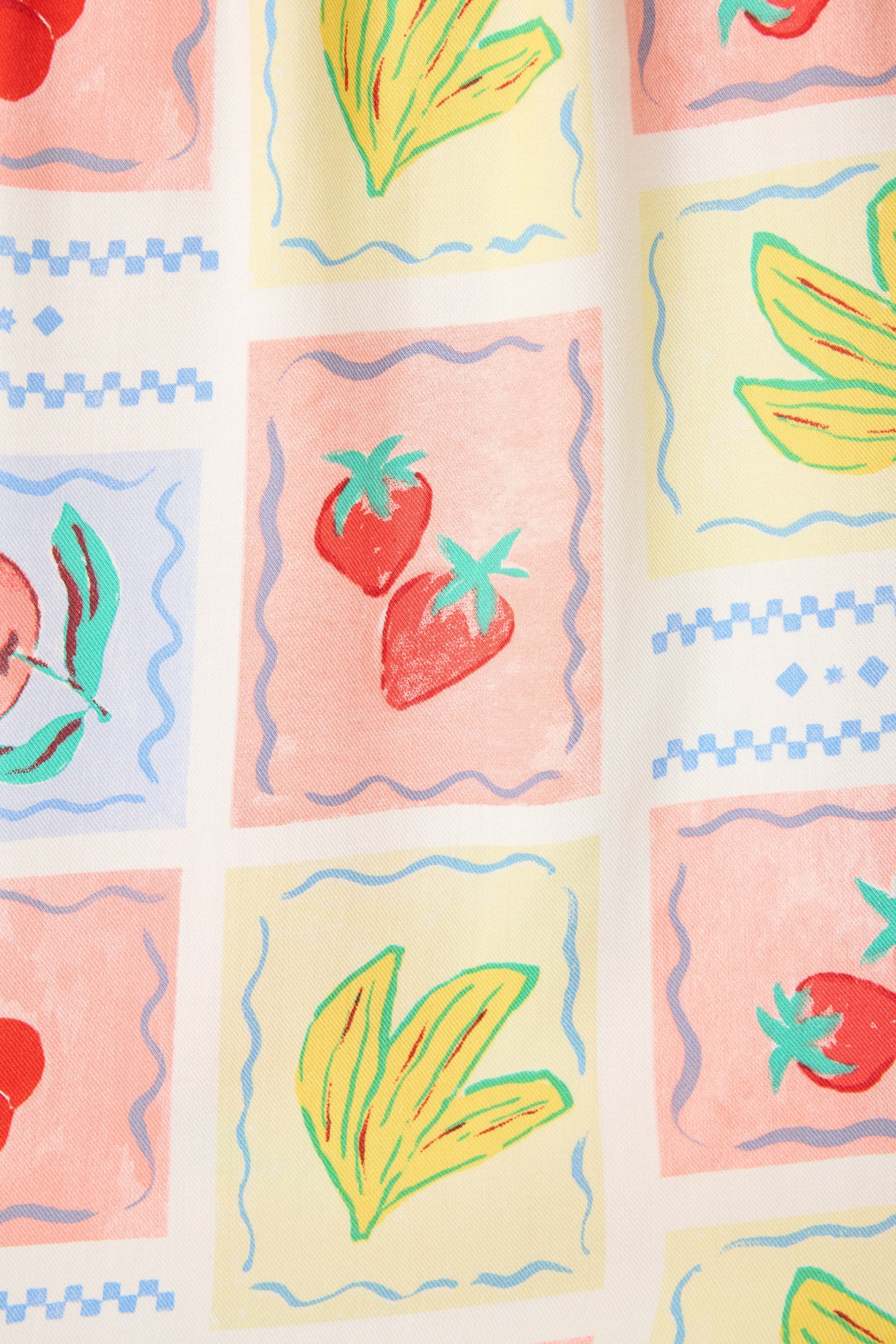 Frutta Fresca Summer Harvest Button Up Top & Short Set PJ Salvage fabric featuring colorful fruit patterns.