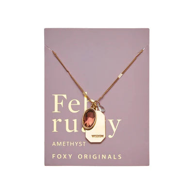 Birthstone Charm Necklace in 14k Plated Gold featuring February amethyst stone and wisdom tag by Foxy Originals.