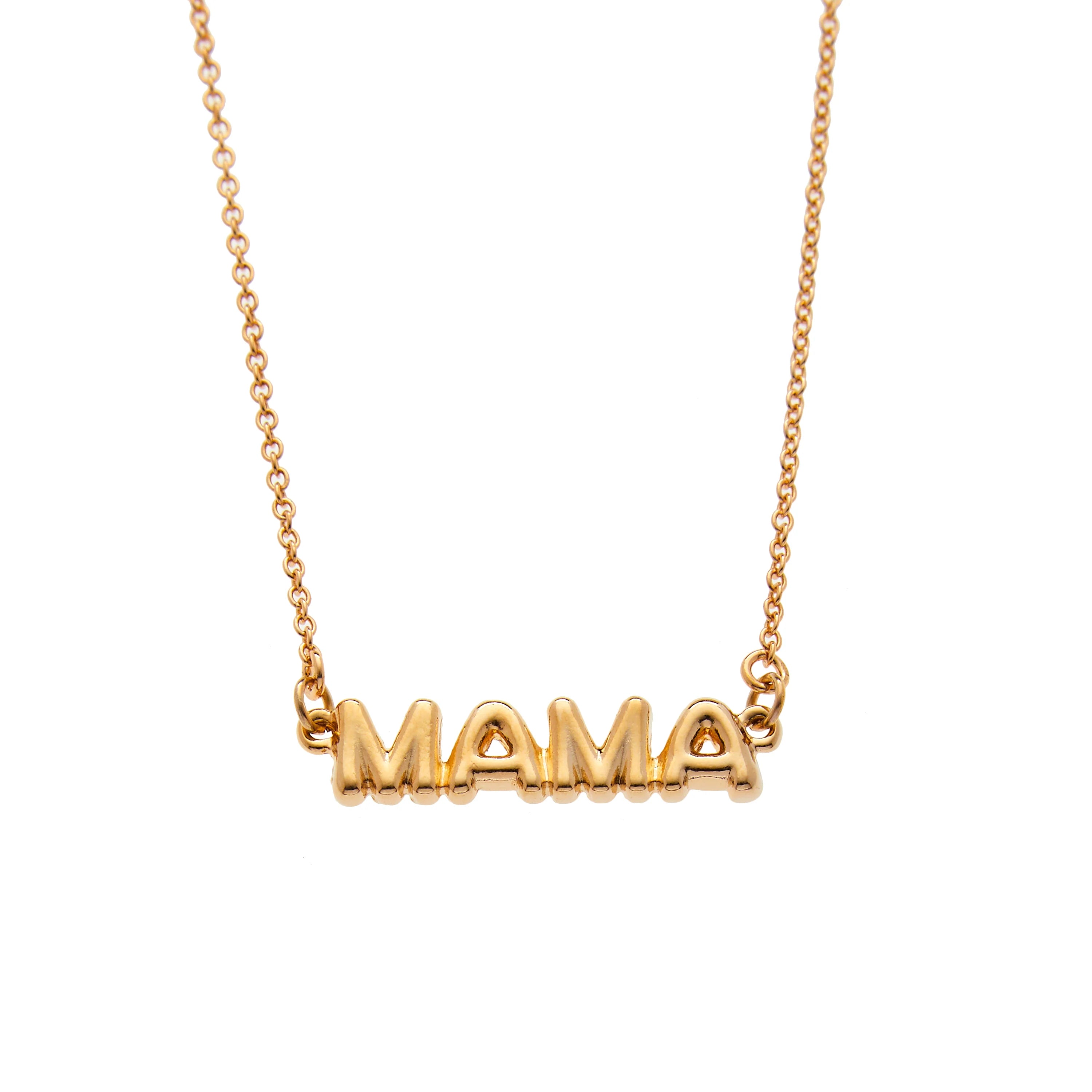 Forever Mama Necklace in 14K Gold featuring balloon-style lettering spelling 'MAMA' on a delicate chain.