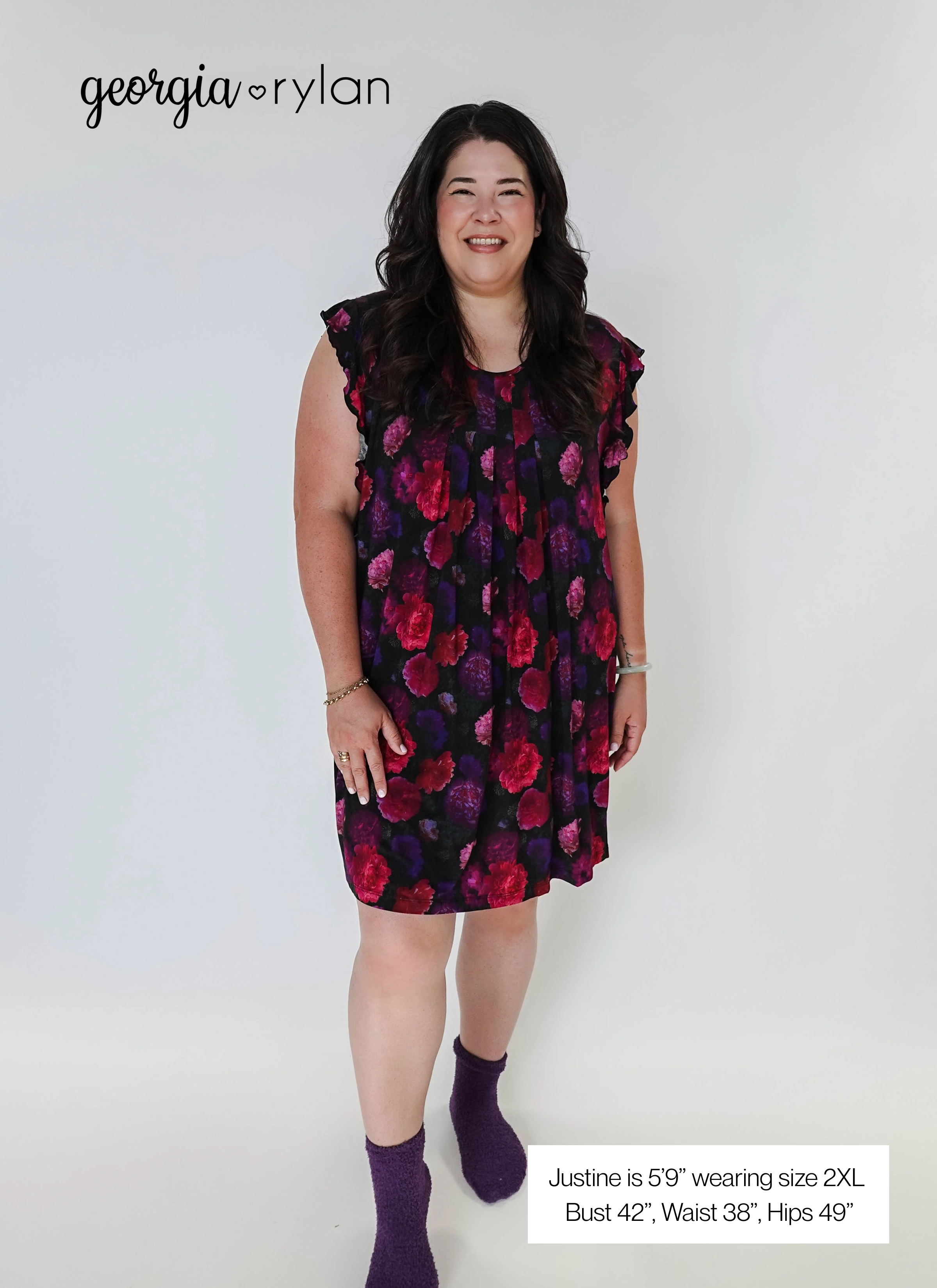 Winter Blossom Flutter Bamboo Nightgown - plus size model shows the dress in size 2XL, and picture lists her measurments