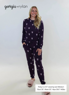 Purple Bows Print Long Sleeve & Jogger Bamboo PJ Set showing model sizing
