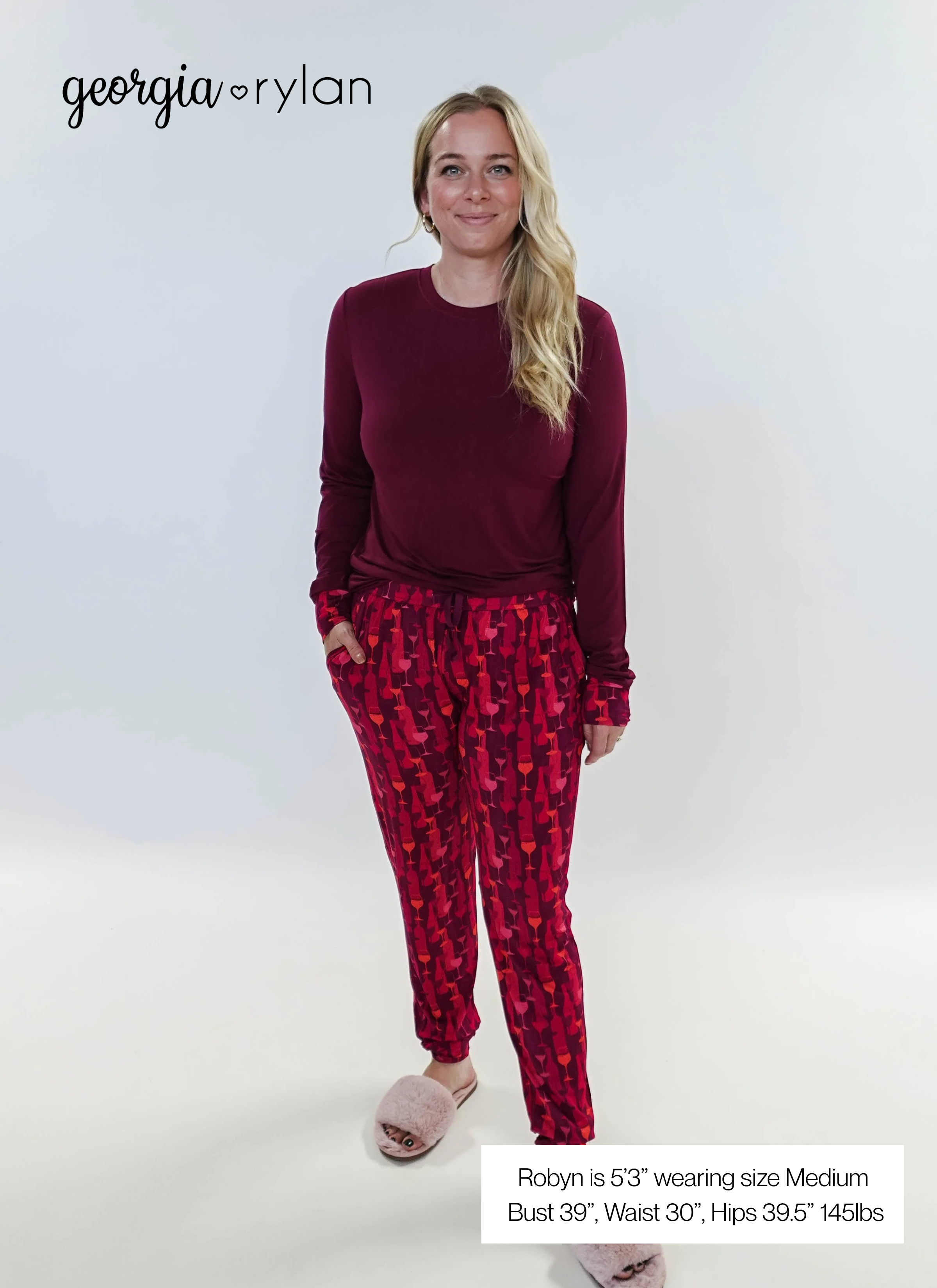 Vino Dreams PJ Long Sleeve Jogger Bamboo Set | GEORGIA RYLAN - model sizing for Robyn, size Medium