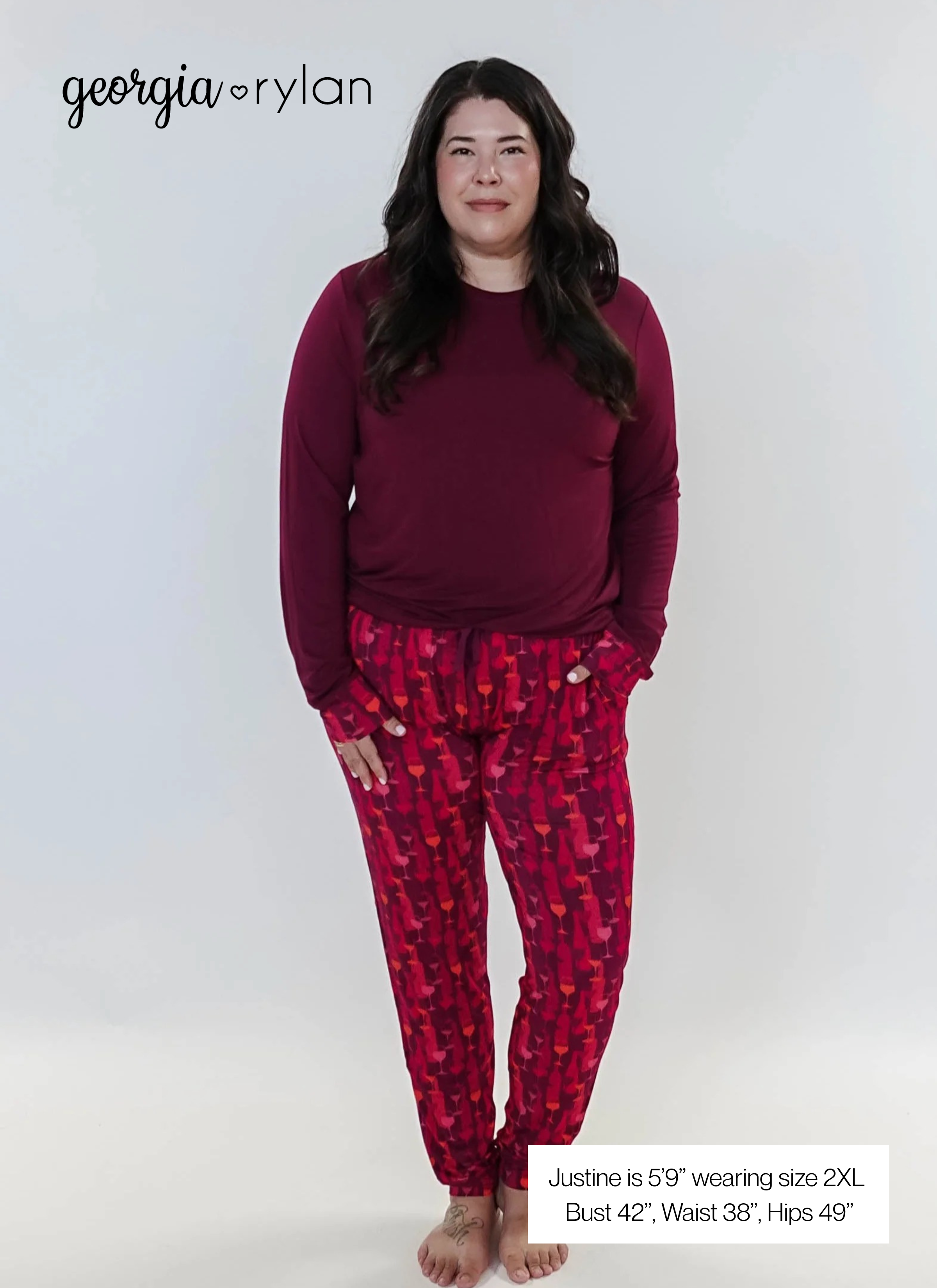 Vino Dreams PJ Long Sleeve Jogger Bamboo Set | GEORGIA RYLAN model sizing, showing measurements for plus size women