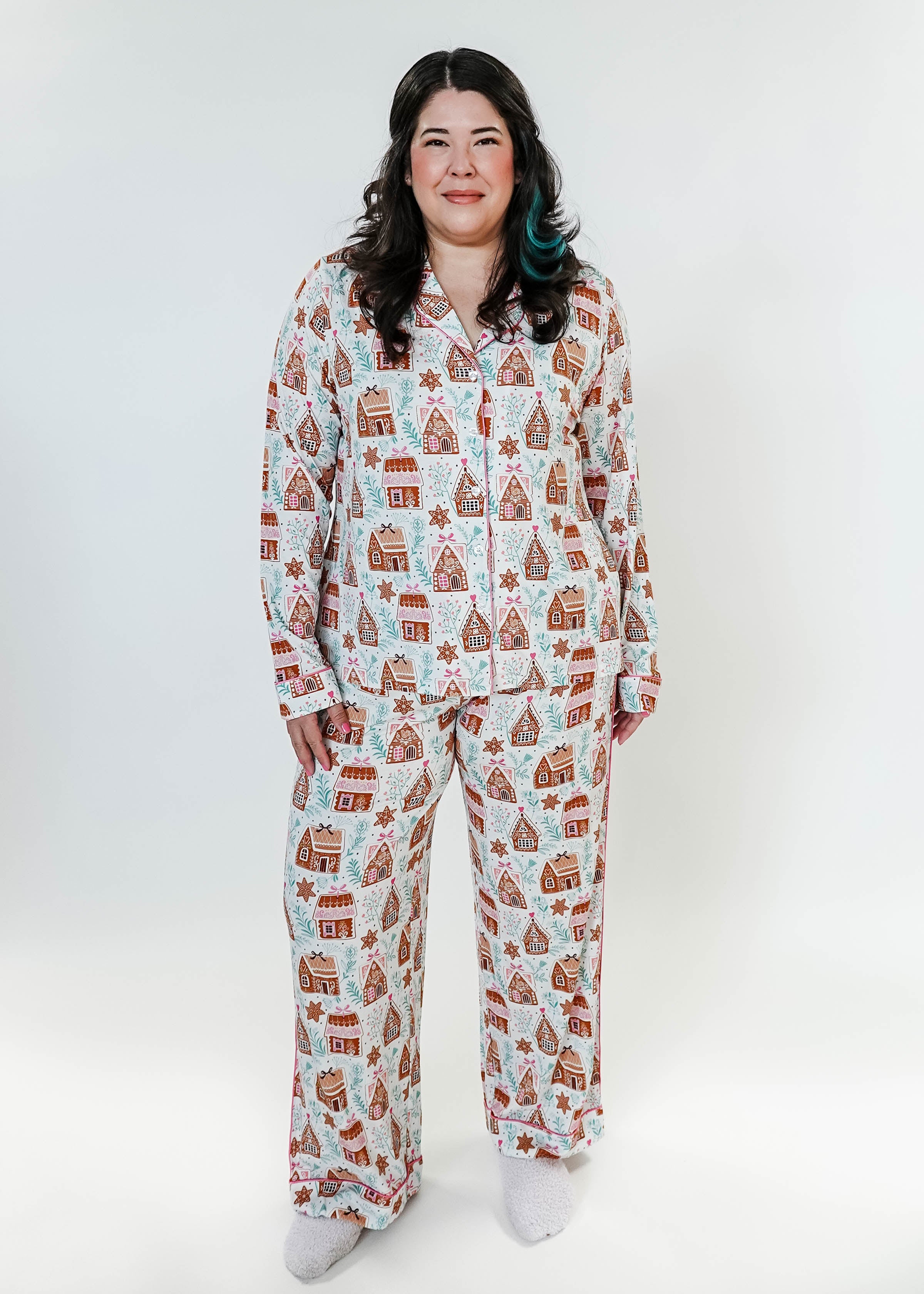 women's bamboo button up pj set in gingerbread house print georgia rylan