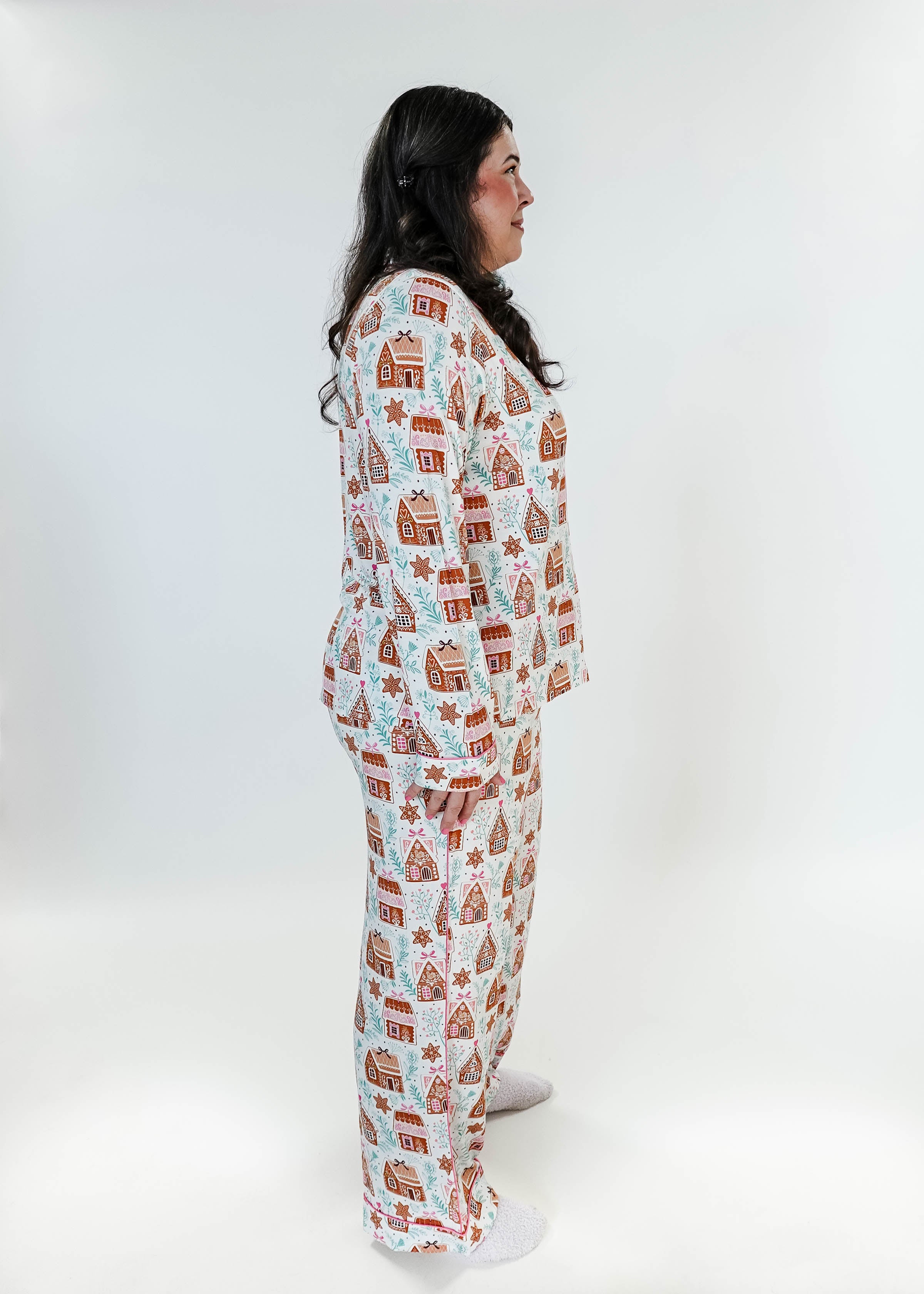 women's bamboo button up pj set in gingerbread house print georgia rylan