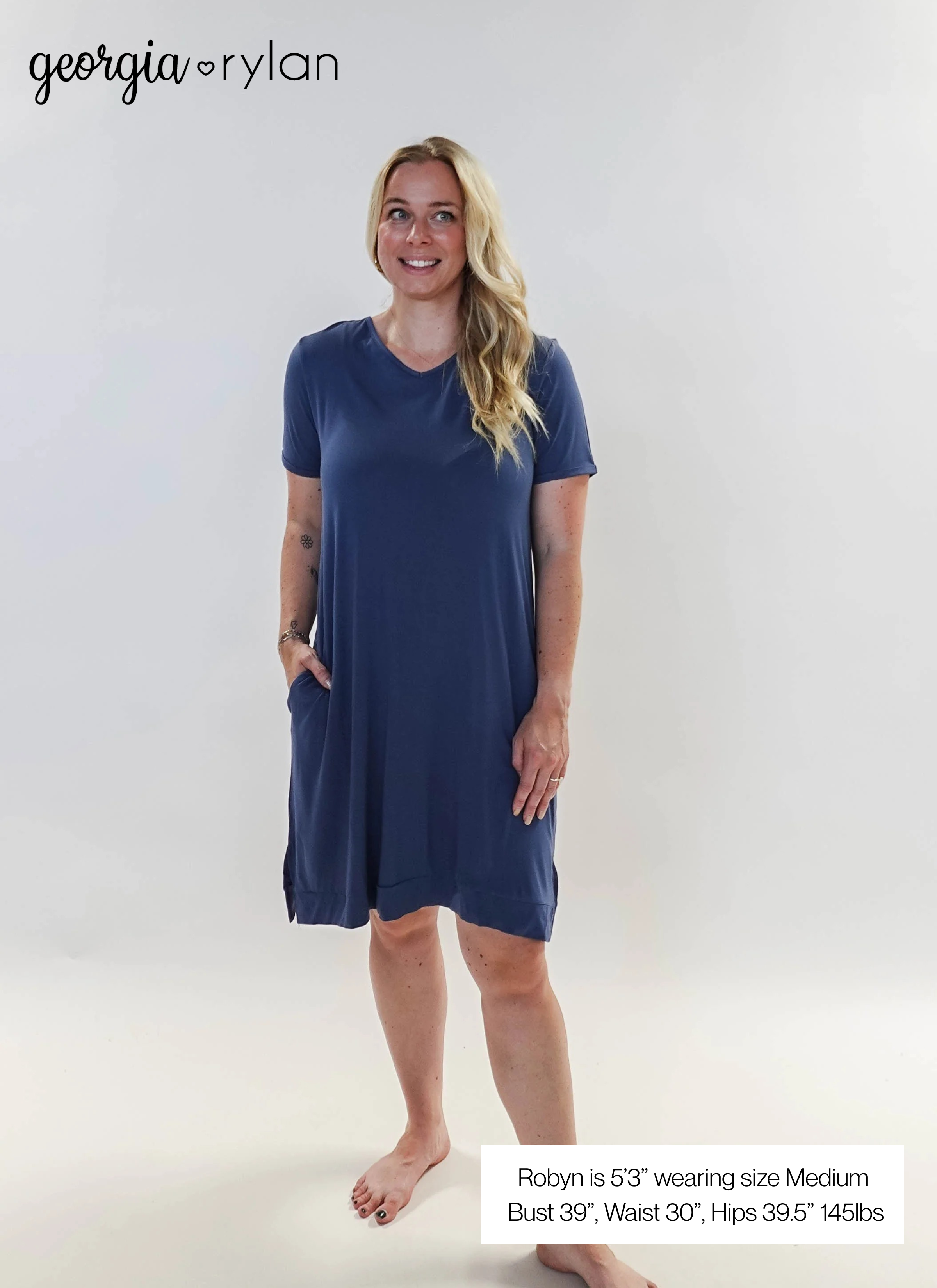 Denim Blue V Neck Bamboo Nightshirt worn by model Robyn, showcasing its comfortable fit and stylish design.