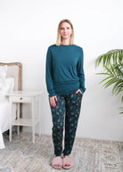 Georgia Rylan Teal Evergreen Dreams Bamboo Jogger PJ Set lifestyle front view — Cloud Nine Pajamas Edmonton