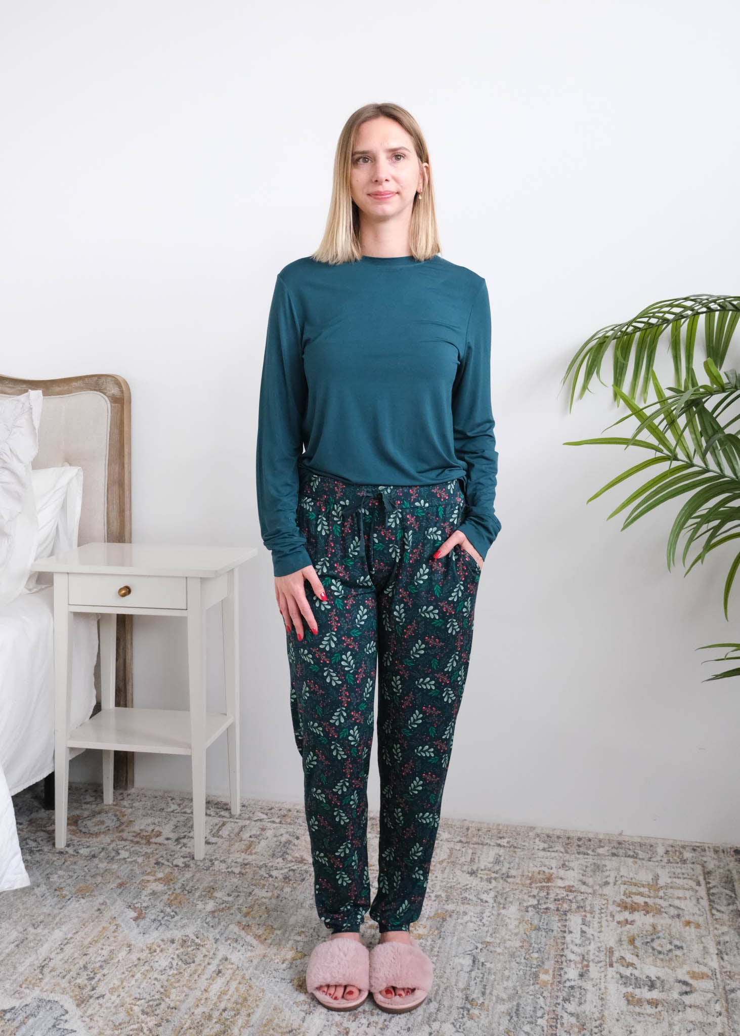 Georgia Rylan Teal Evergreen Dreams Bamboo PJ Set full length front view on model — Cloud Nine Pajamas Edmonton