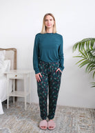 Georgia Rylan Teal Evergreen Dreams Bamboo PJ Set full length front view on model — Cloud Nine Pajamas Edmonton