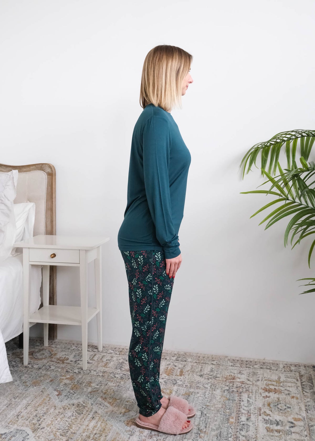 Georgia Rylan Teal Evergreen Dreams Bamboo PJ Set side view cuffed ankle jogger — Cloud Nine Pajamas Edmonton