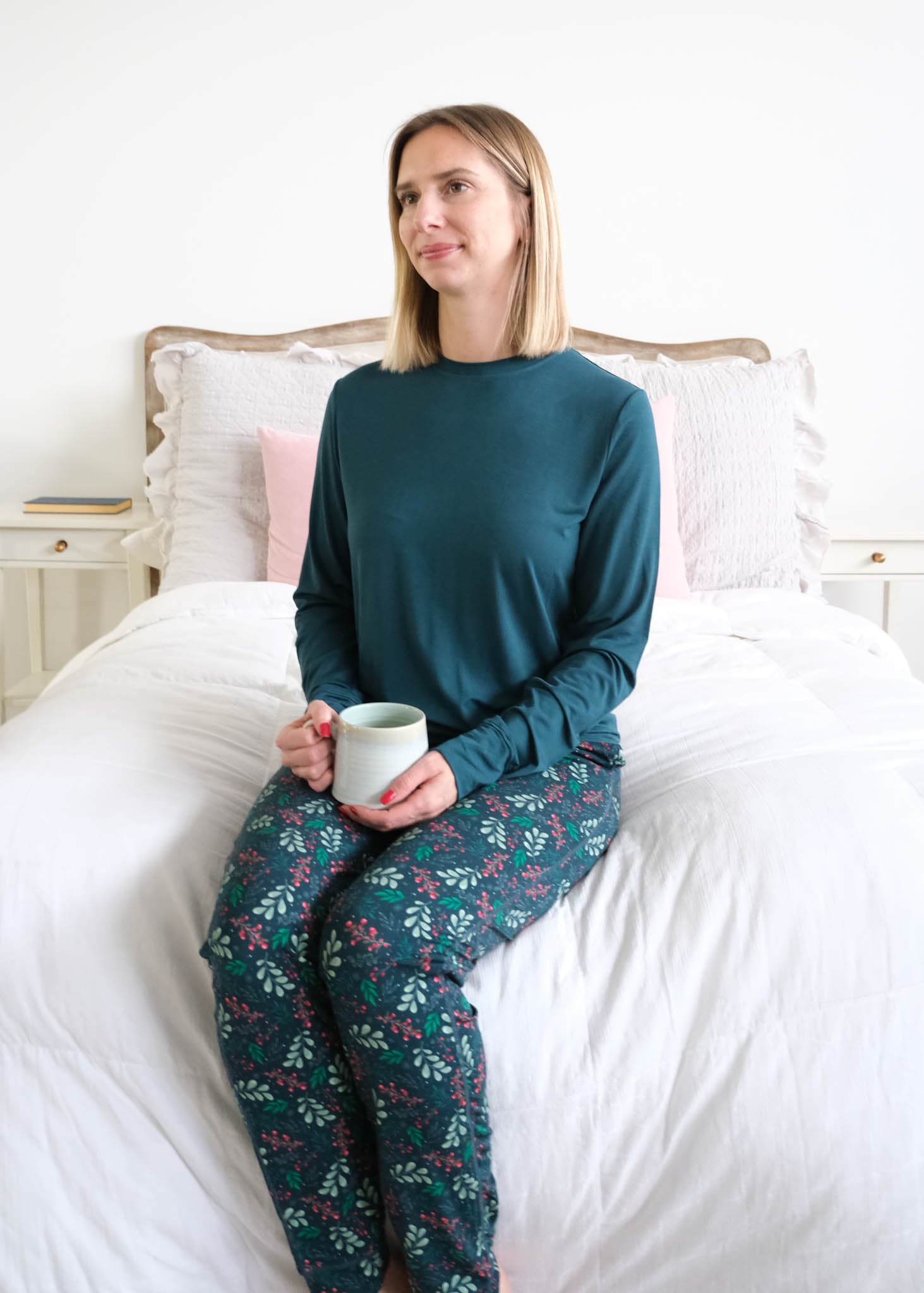 Georgia Rylan Teal Evergreen Dreams Bamboo Jogger PJ Set lifestyle seated front view — Cloud Nine Pajamas Edmonton