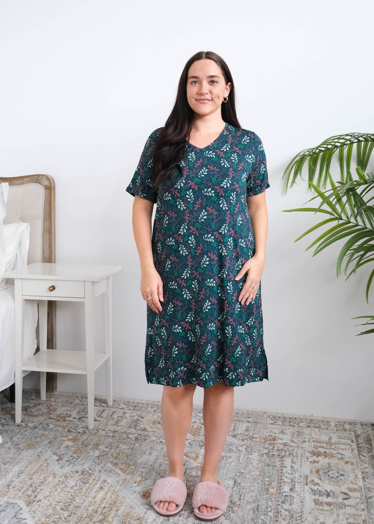 Georgia Rylan Evergreen Dreams Bamboo Nightshirt full length front view on model — Cloud Nine Pajamas Edmonton