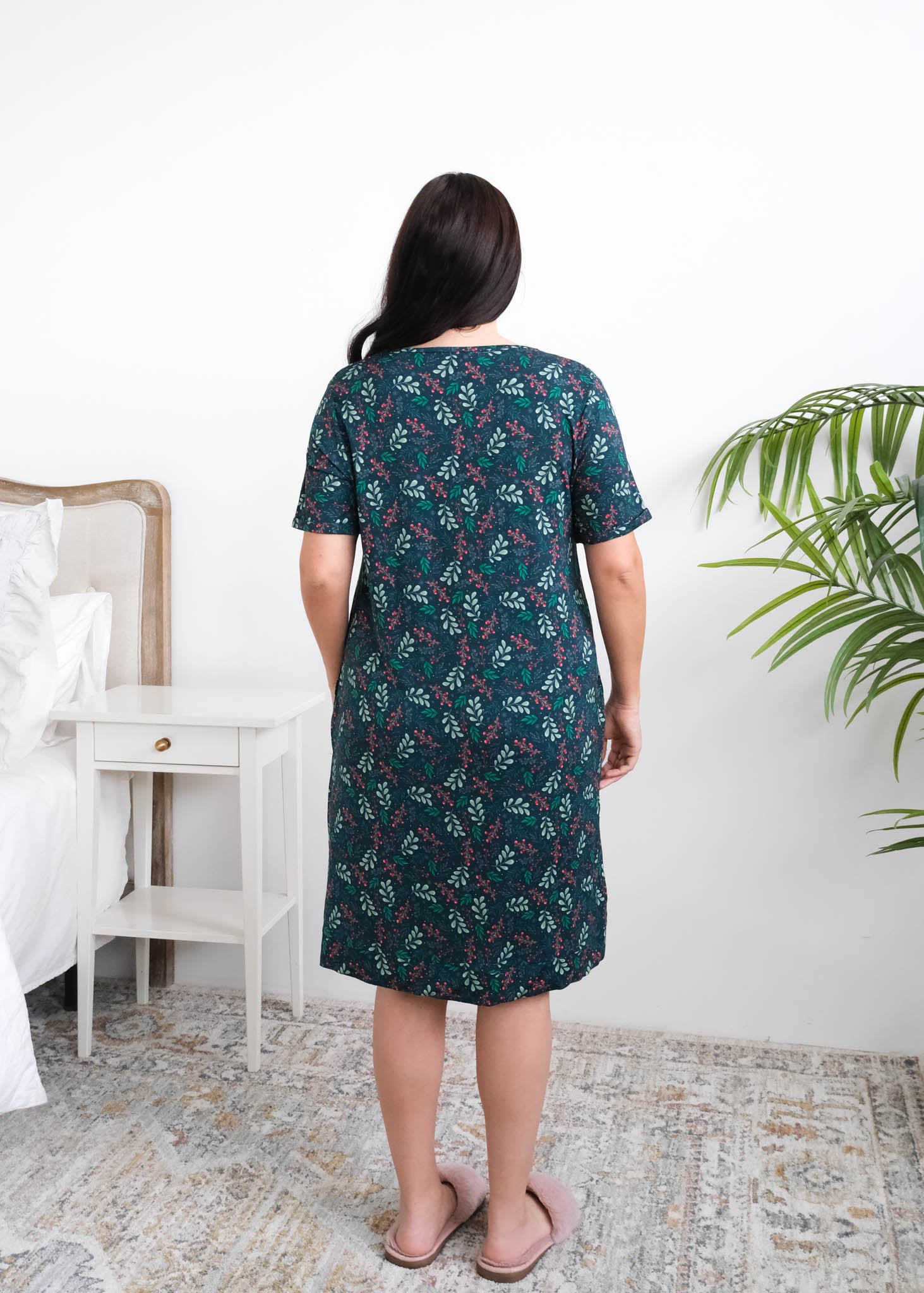 Georgia Rylan Evergreen Dreams Bamboo Nightshirt model back view — Cloud Nine Pajamas Edmonton