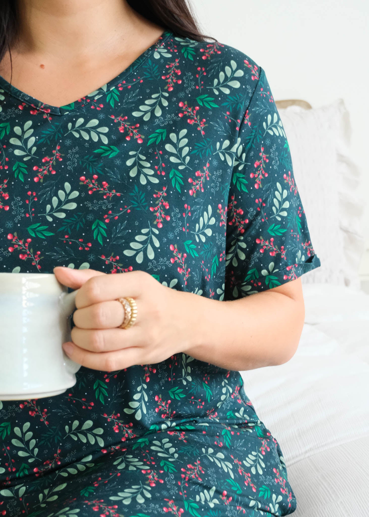 Georgia Rylan Evergreen Dreams V-Neck Bamboo Nightshirt lifestyle front view close up of green mistletoe holiday print — Cloud Nine Pajamas Edmonton