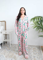Georgia Rylan Sugar Plum Dreams Bamboo PJ Set full length front view on model — Cloud Nine Pajamas Edmonton