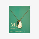 Birthstone Charm Necklace in 14k Plated Gold featuring emerald stone and 'HOPE' tag by Foxy Originals.