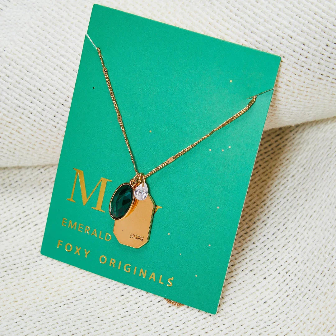 Birthstone Charm Necklace in 14k Plated Gold featuring emerald stone and 'HOPE' tag by Foxy Originals.