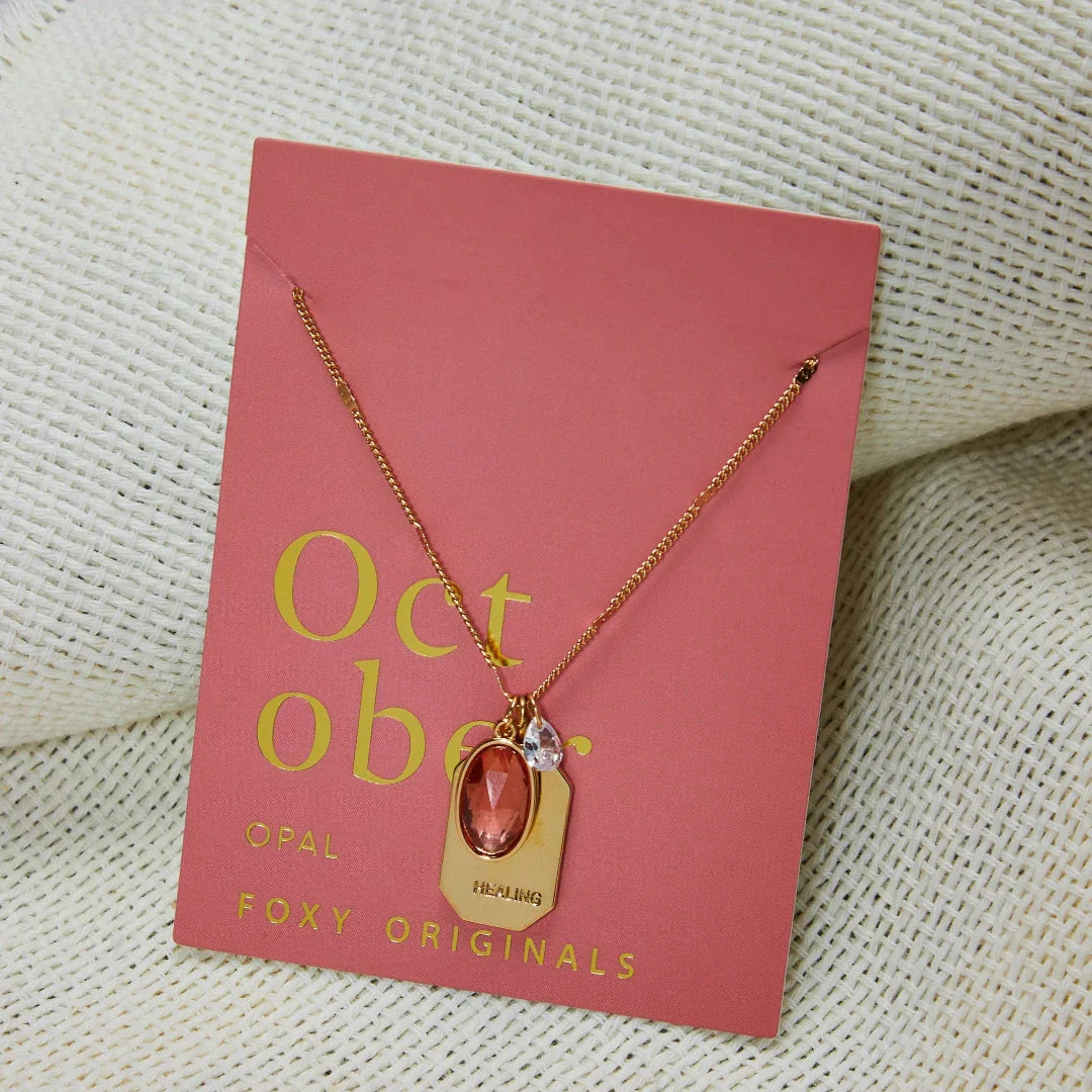 Birthstone Charm Necklace in 14k Plated Gold featuring October opal and healing intention, handcrafted by Foxy Originals.