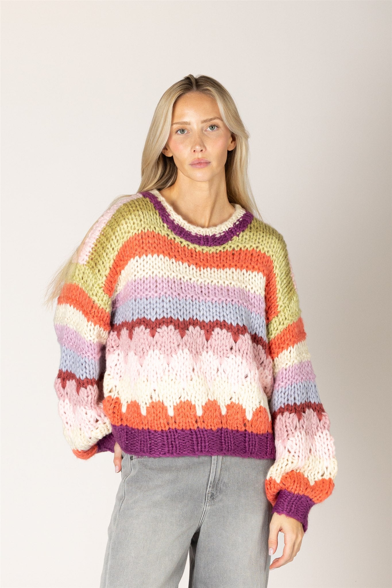 Lyla & Luxe HALA hand-knit violet stripe crew neck sweater — model wearing Small — Cloud Nine Pajamas Edmonton