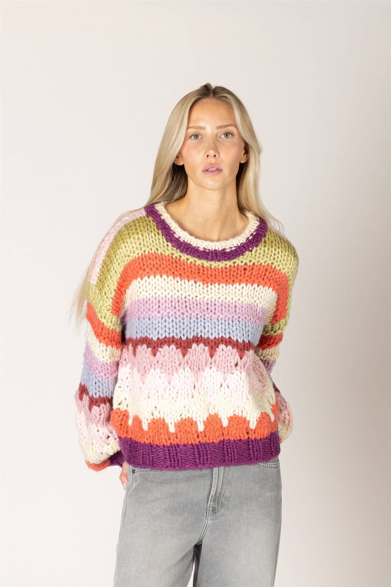 Lyla & Luxe HALA violet stripe pullover front view — Cloud Nine Pajamas
