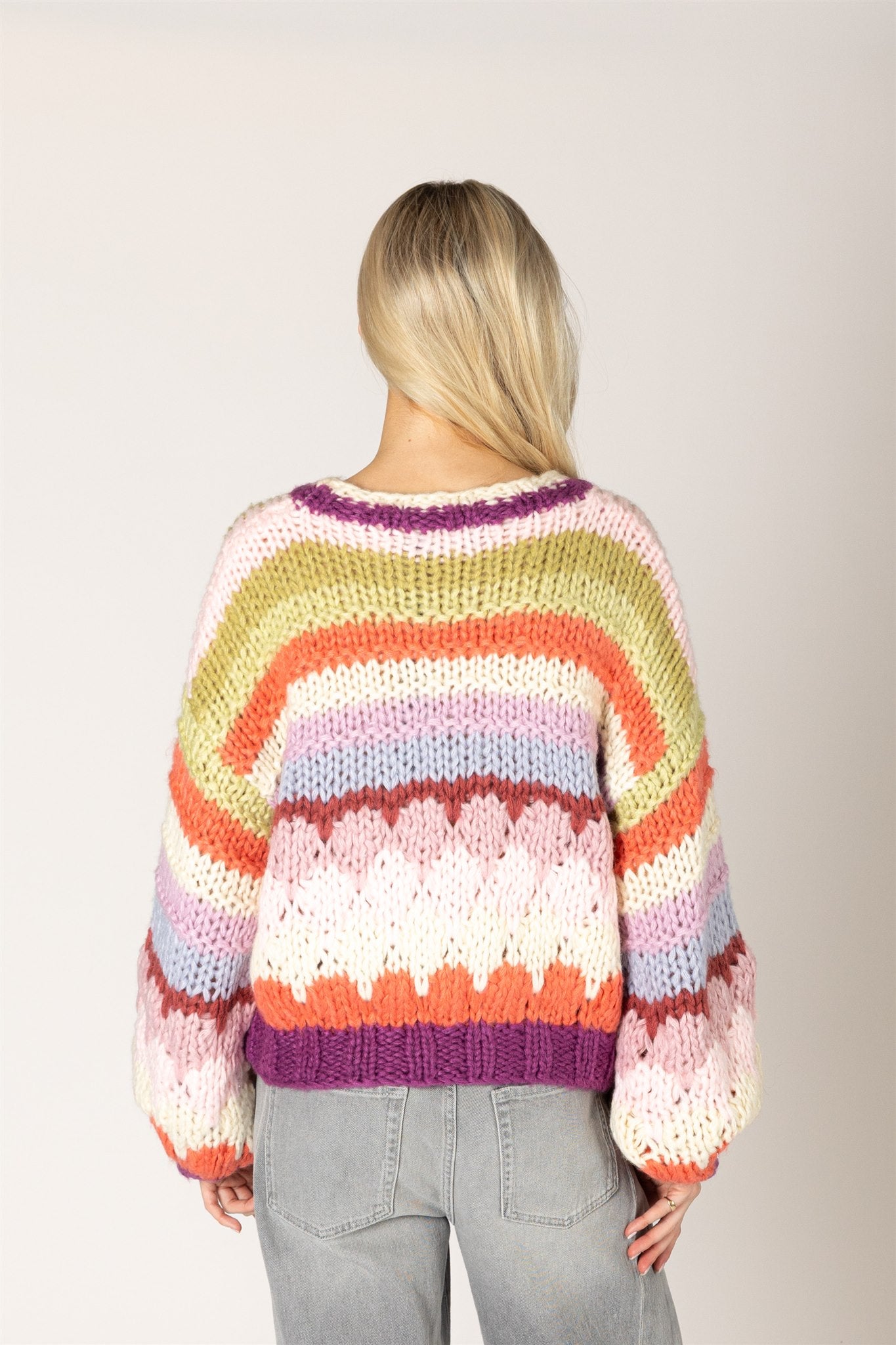 Lyla & Luxe HALA violet stripe crew neck pullover lifestyle — Cloud Nine Pajamas Edmonton
