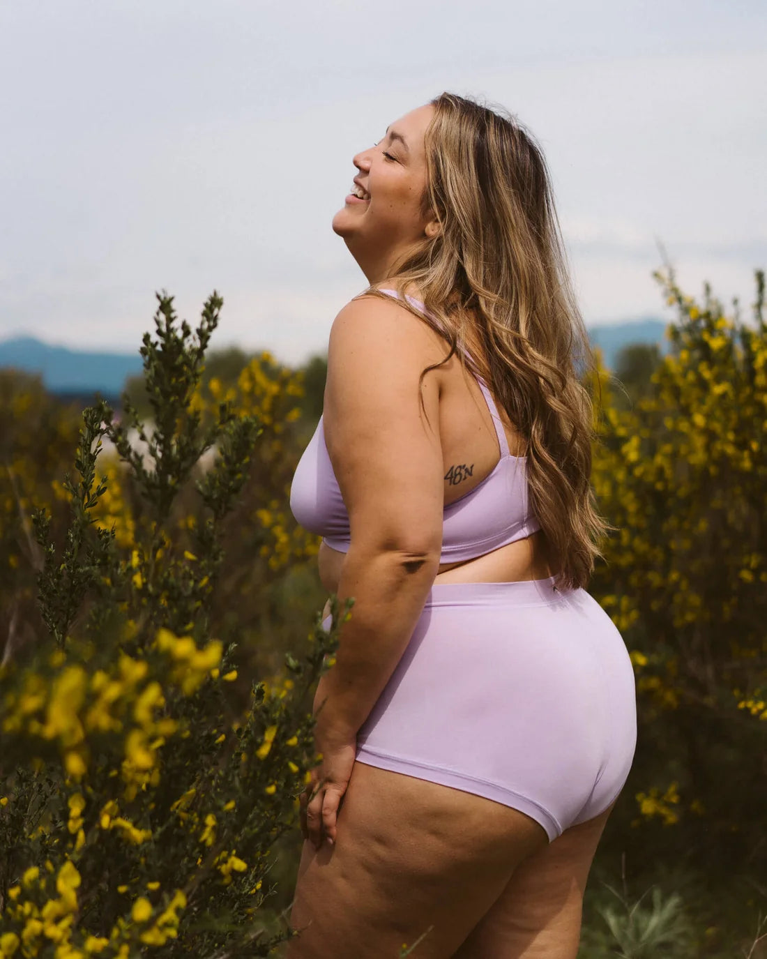 HUHA Mineral Brief lilac TENCEL Modal lifestyle on plus size model side view  — Cloud Nine Pajamas Edmonton