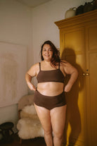 HUHA Mineral Brief Brown TENCEL Modal lifestyle on plus size model front view — Cloud Nine Pajamas Edmonton