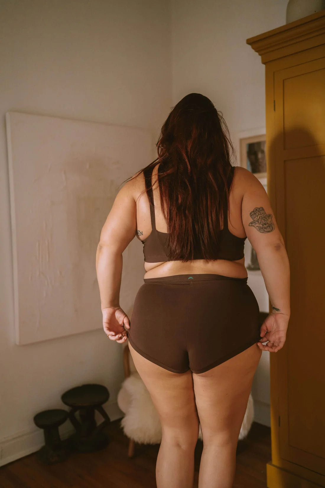 HUHA Mineral Brief Brown TENCEL Modal lifestyle on plus size model back view — Cloud Nine Pajamas Edmonton