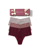 Retro Thong 3-Pack Gift Cracker by Hanky Panky in Dried Cherry, Artichoke Heart, and Steel Grey colors.