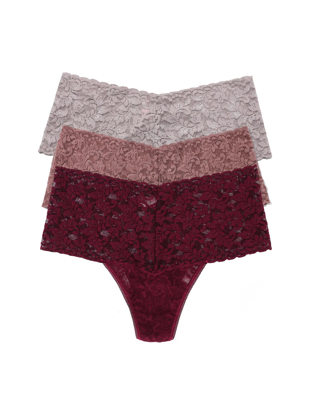 Retro Thong 3-Pack Gift Cracker in Dried Cherry, Artichoke Heart, and Steel Grey lace fabric