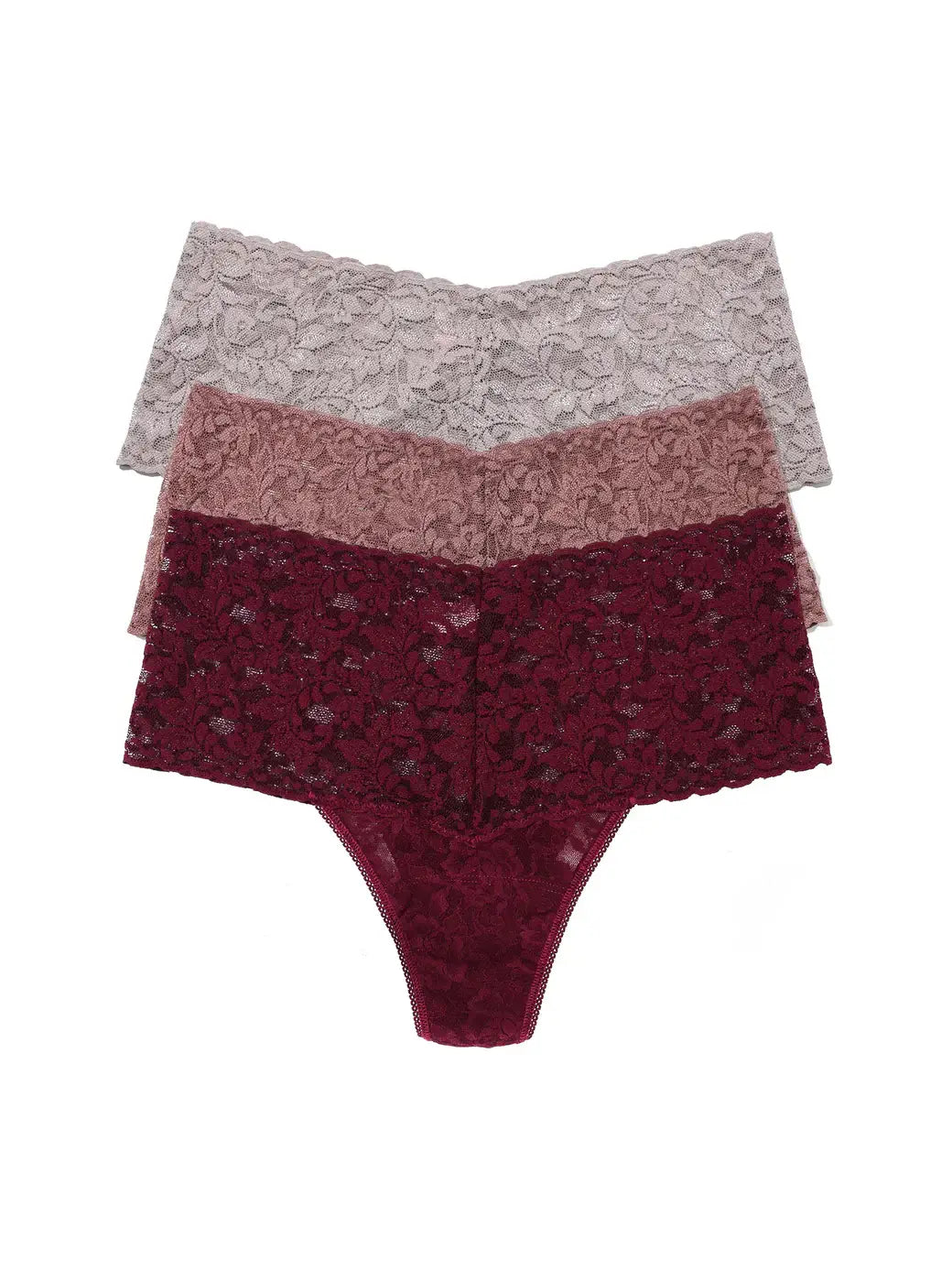 Retro Thong 3-Pack Gift Cracker in Dried Cherry, Artichoke Heart, and Steel Grey lace fabric