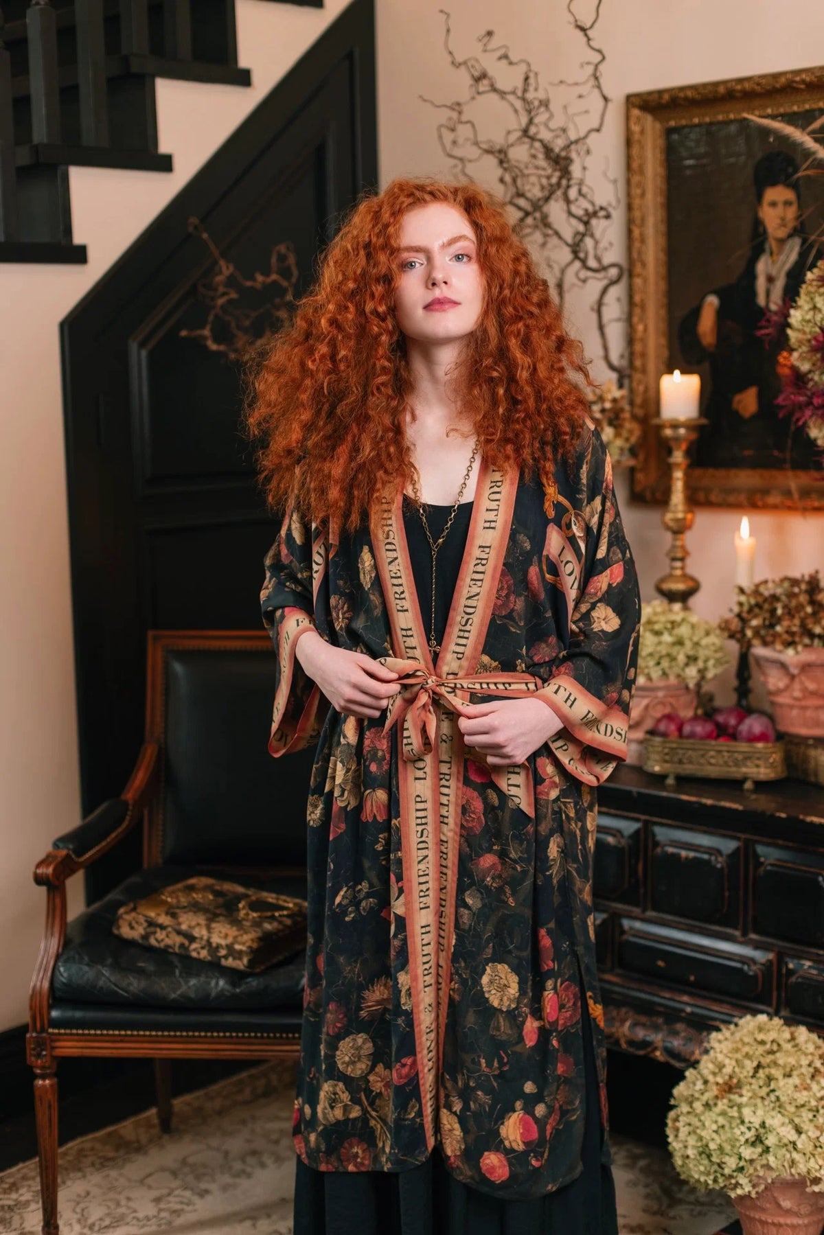 Market of Stars Heart of Gold Opera Duster model front view showing kimono done up with the included tie — Cloud Nine Pajamas Edmonton