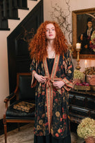 Market of Stars Heart of Gold Opera Duster model front view showing kimono done up with the included tie — Cloud Nine Pajamas Edmonton