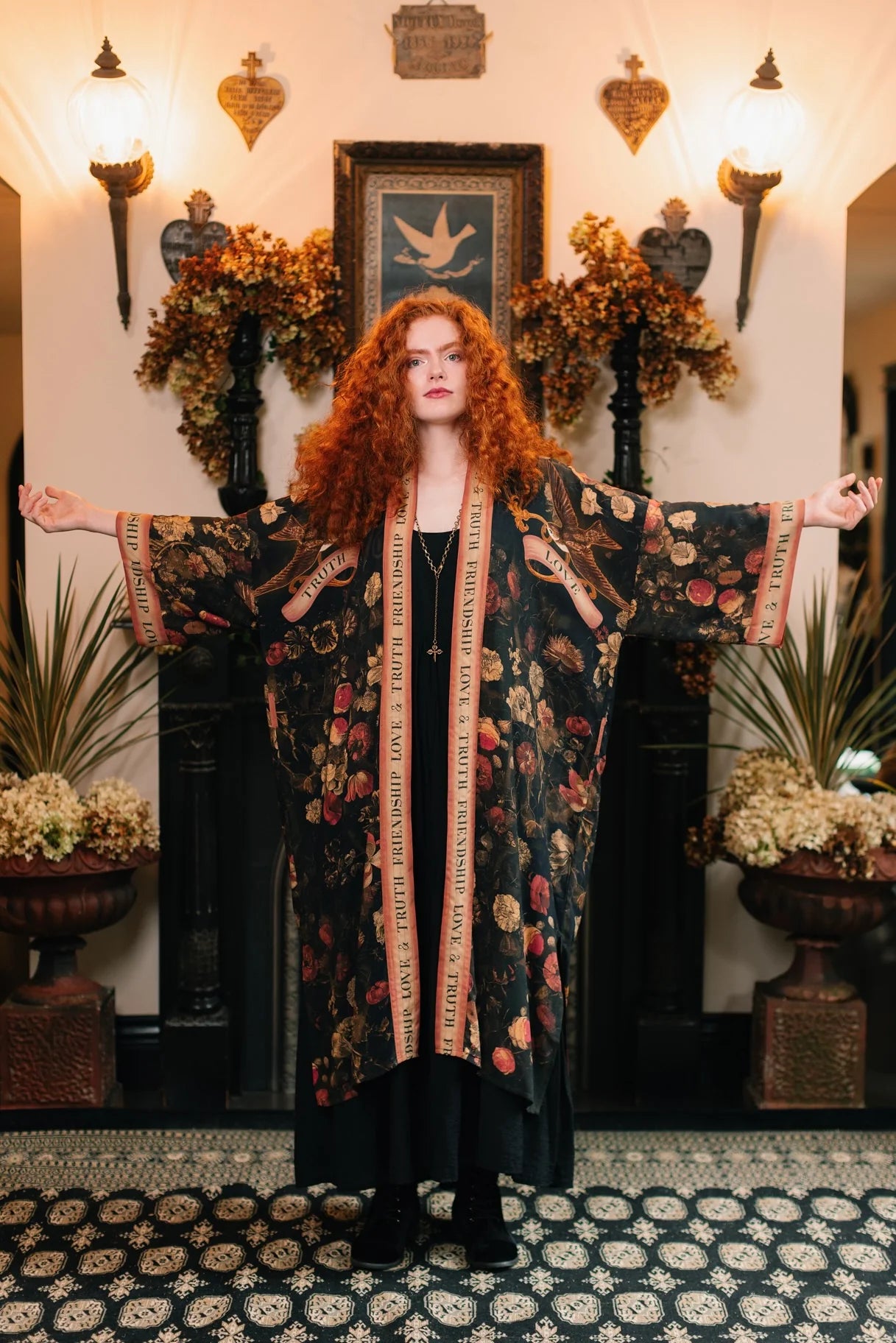 Market of Stars Heart of Gold Opera Duster fabric drape detail — Cloud Nine Pajamas