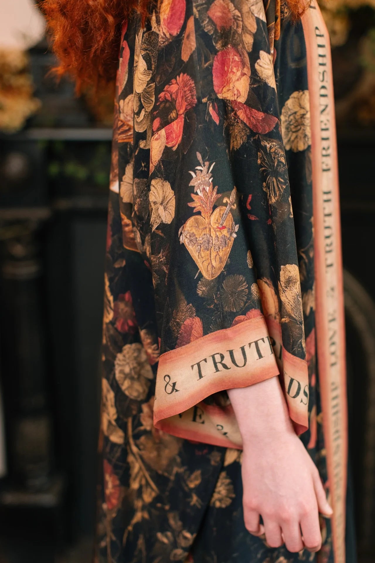 Market of Stars Heart of Gold Opera Duster sleeve width and drape detail — Cloud Nine Pajamas