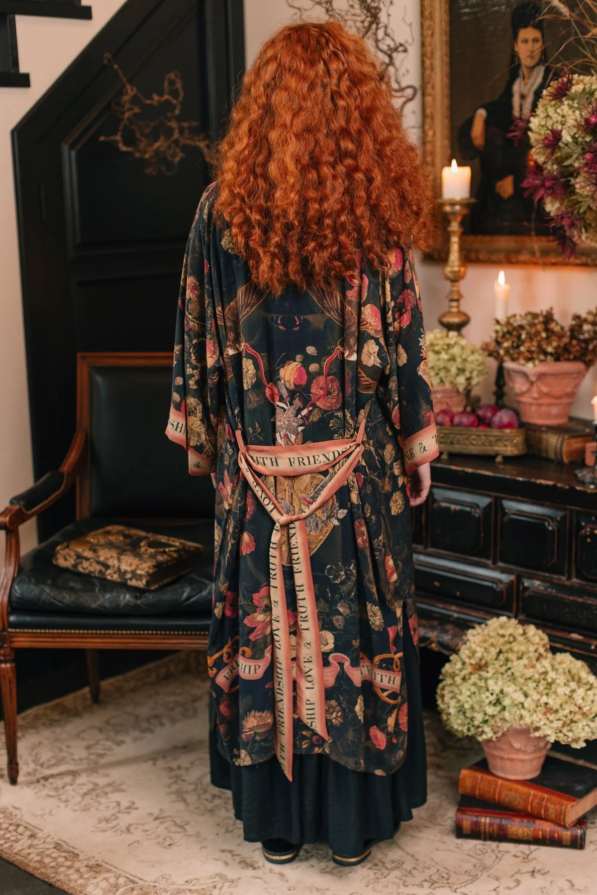 Market of Stars Heart of Gold Opera Duster model back view showing included sash tie style in a knot— Cloud Nine Pajamas Edmonton
