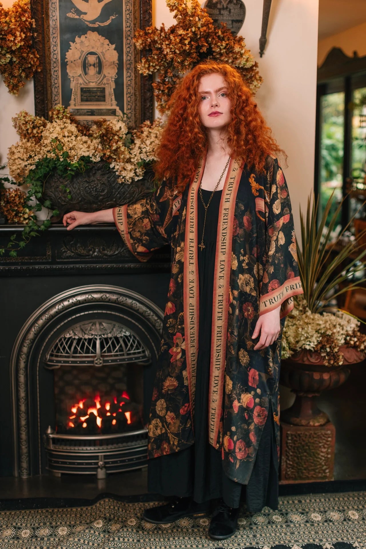 Market of Stars Heart of Gold Opera Duster full length front view on model — Cloud Nine Pajamas Edmonton