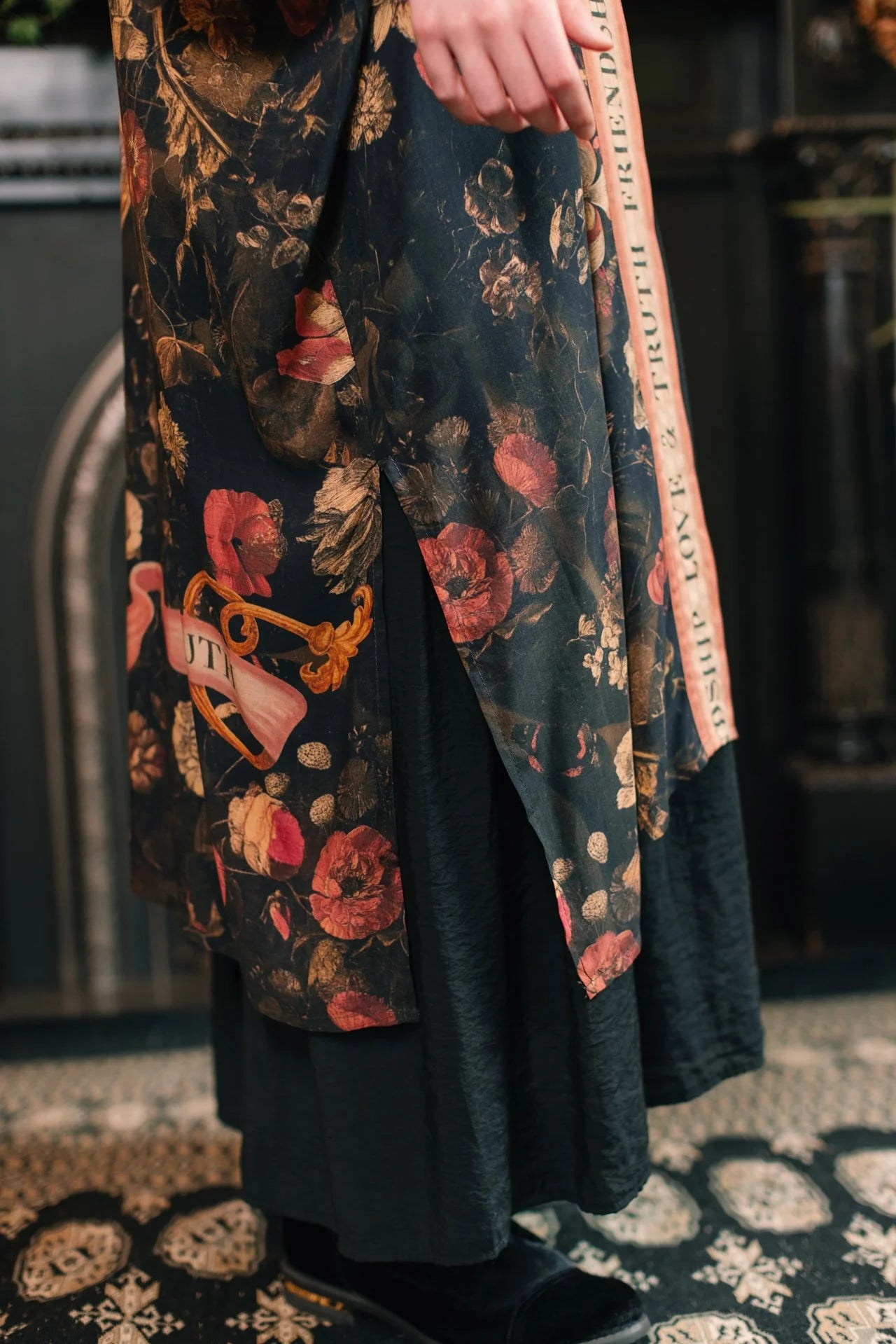 Market of Stars Heart of Gold Opera Duster side view showing length and side slit — Cloud Nine Pajamas Edmonton