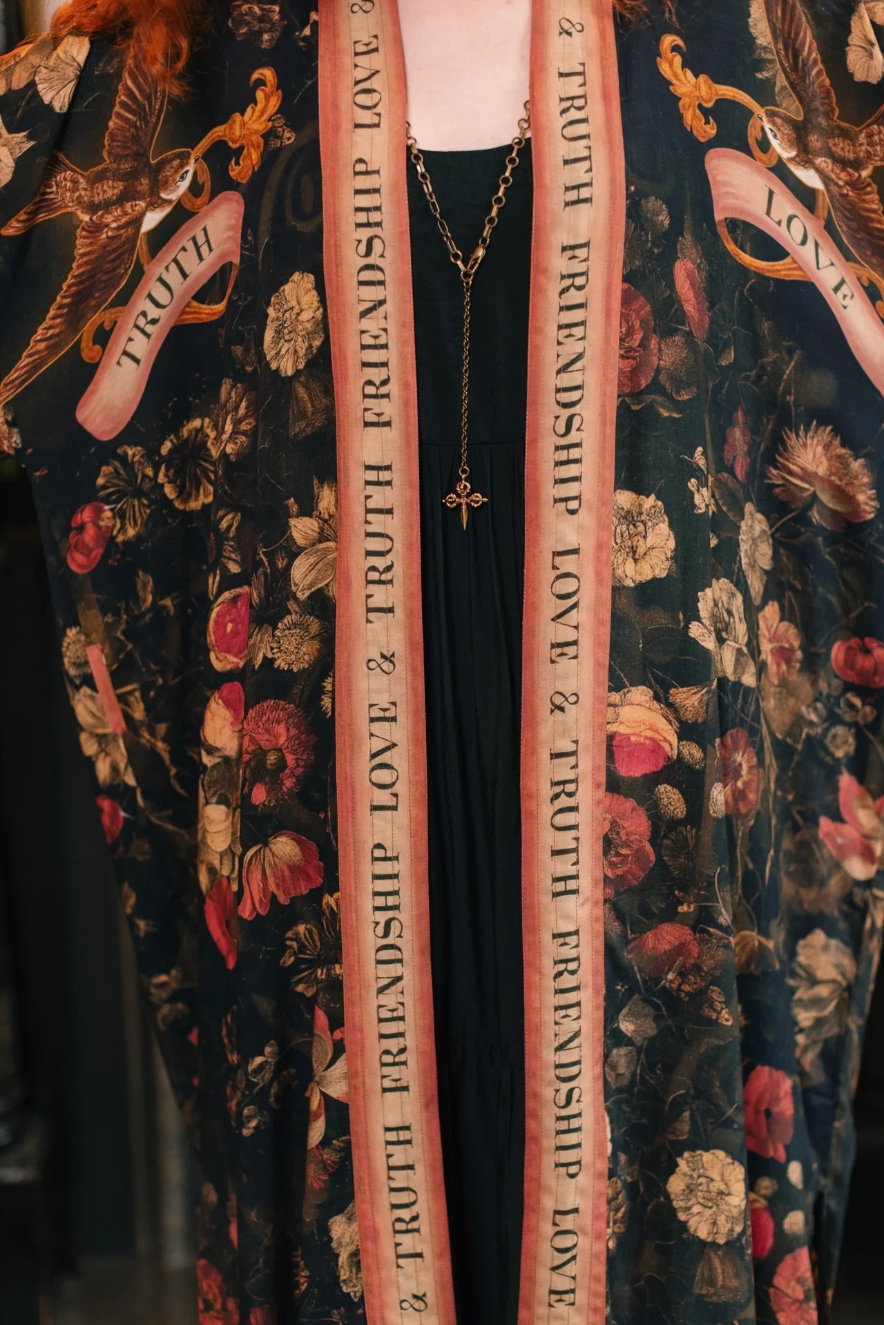 Market of Stars Heart of Gold Opera Duster print detail parchment coral gold Friendship Love & Truth — Cloud Nine Pajamas