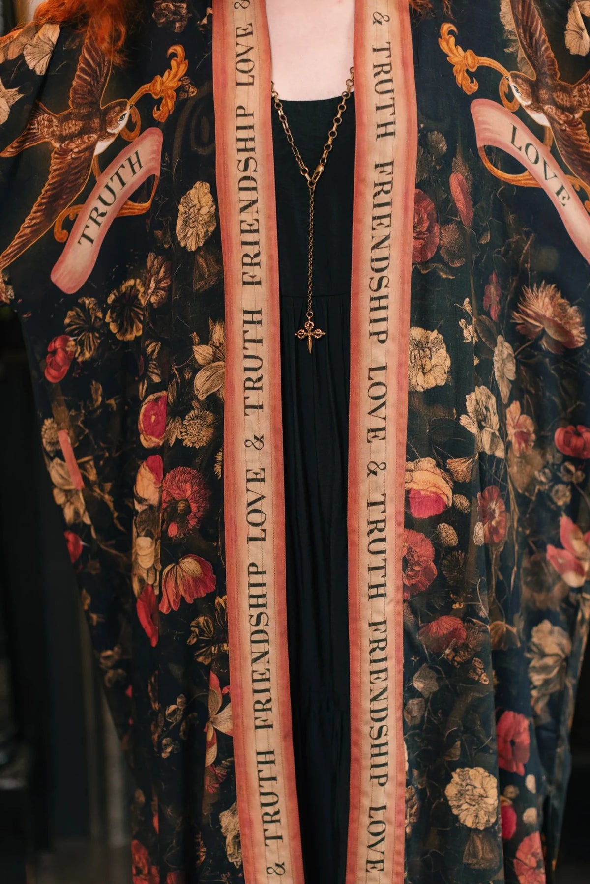 Market of Stars Heart of Gold Opera Duster print detail parchment coral gold Friendship Love & Truth — Cloud Nine Pajamas