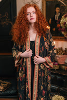 Market of Stars Heart of Gold Opera Duster model wearing open front — Cloud Nine Pajamas