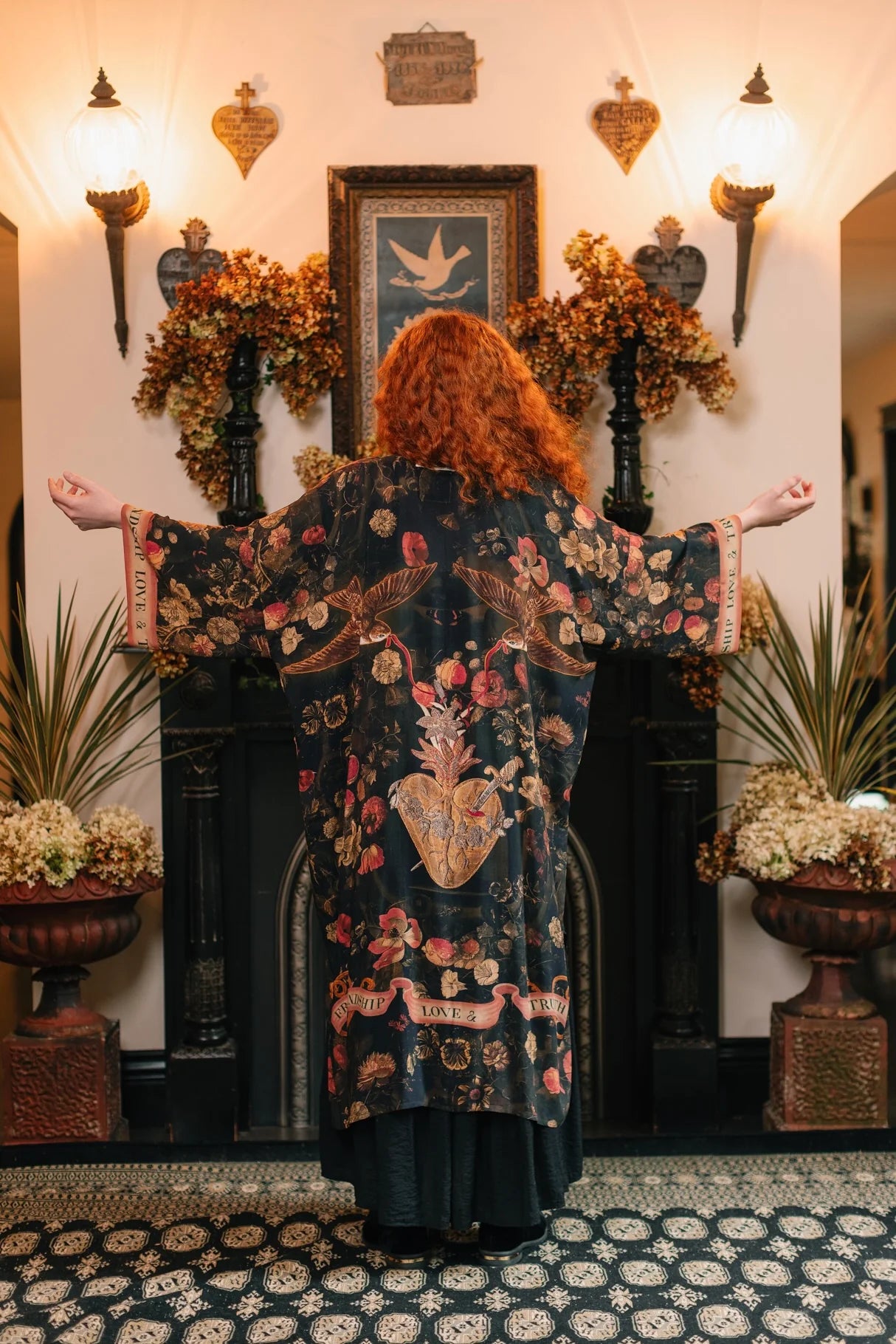 Market of Stars Heart of Gold Opera Duster swallows and sacred heart print detail — Cloud Nine Pajamas