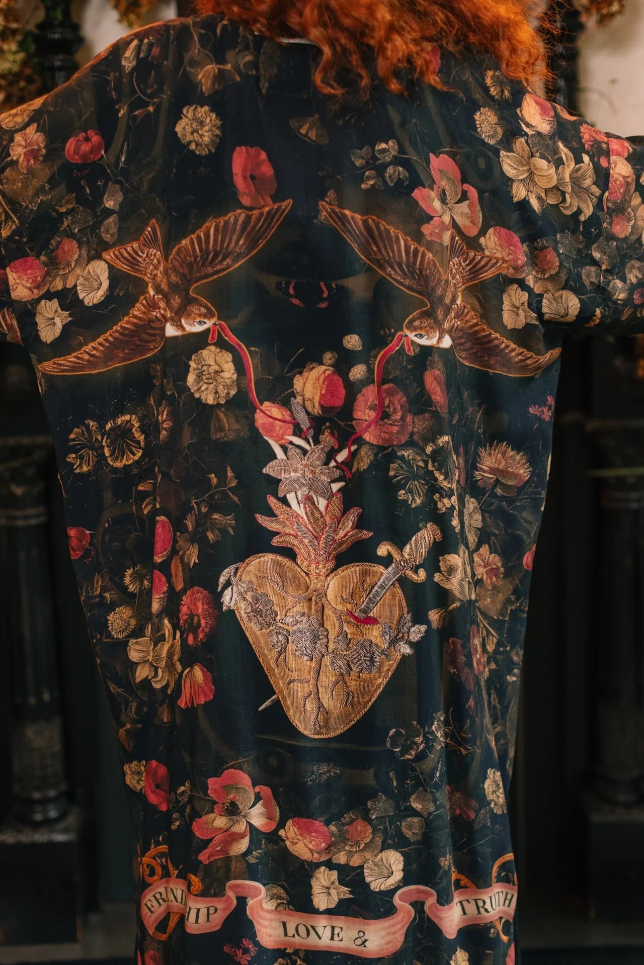 Market of Stars Heart of Gold Opera Duster Karel Batist floral print close-up — Cloud Nine Pajamas