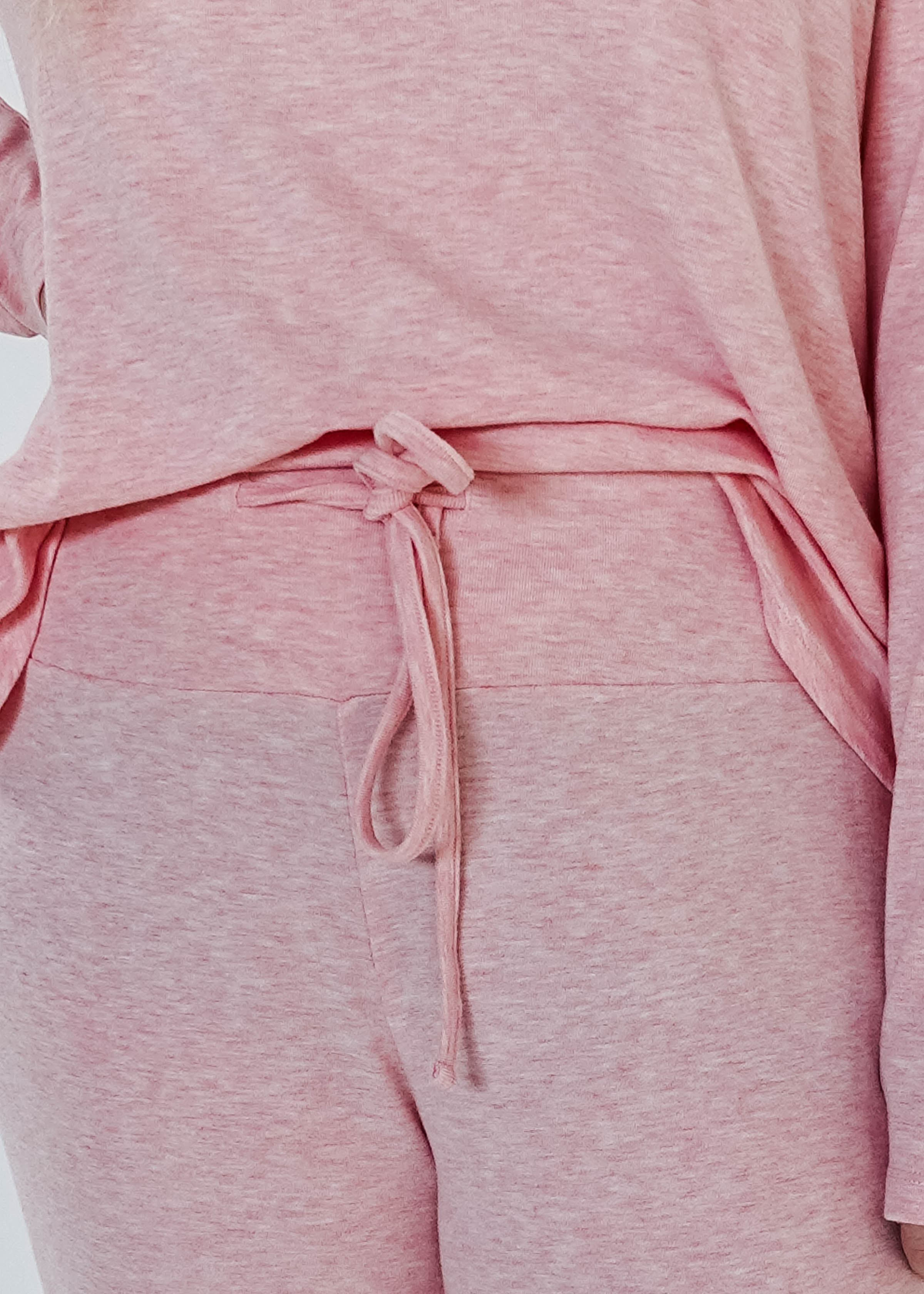 Heather Pink Top Straight Pant Lounge Set featuring a stylish tied waistband and soft fabric detail.