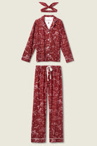 Hold Your Horses Western Flannel 3-Piece PJ Set with top, pants, and headband in rich port color.