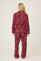 Rear view of a woman wearing the Hold Your Horses Western Flannel 3-Piece PJ Set in burgundy by PJ Salvage.